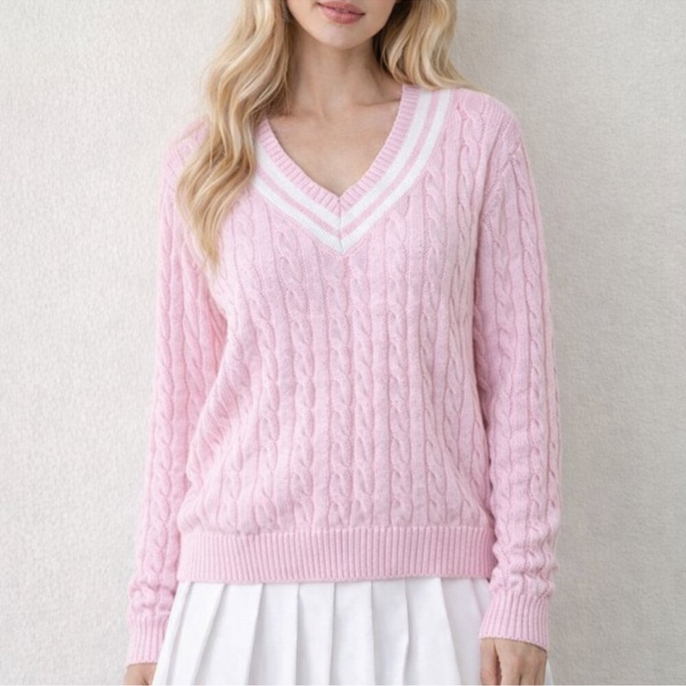 Lands' End Light Pink V-Neck Drifter Cable Sweater